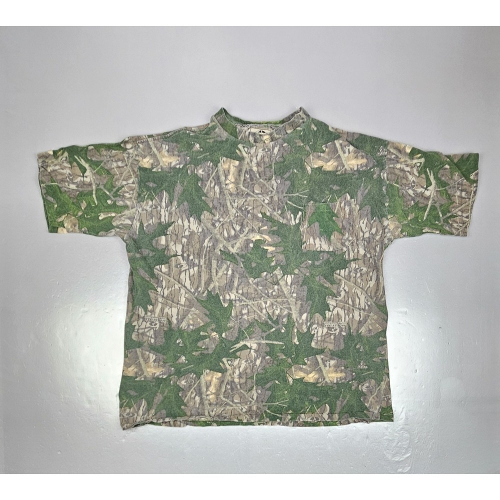 Vintage Mossy Oak Camo T-Shirt Mens 2XL 90s‎ Single Stitch Pocket Shadow Leaf